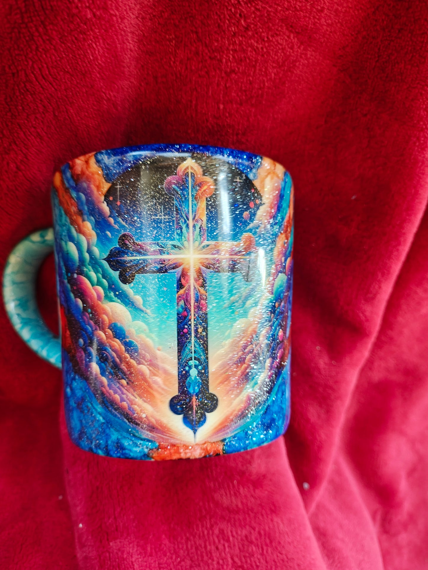 16oz ceramic coffee mug with blue candle